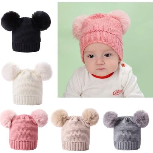 Baby Girls Boys Winter Warm Knit Hat Furry Balls Pompom Warm Lovely Beanie Cap B36E