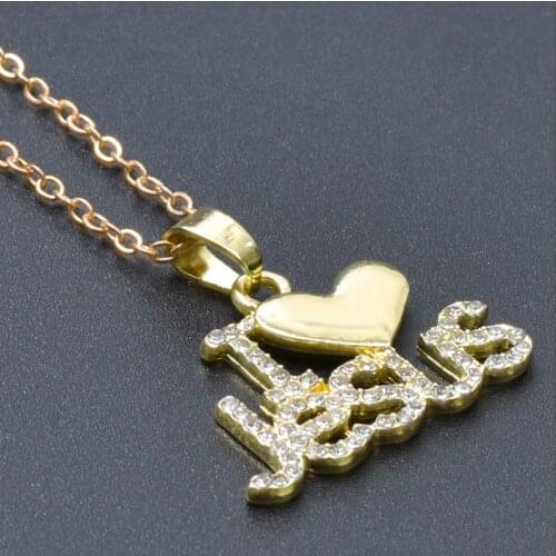 1pcs Golden I Love Jesus Crystal Necklace For Women Men Pendant Charm Necklace Alloy Jewelry Rhinestone Choker Gift Collar Femme