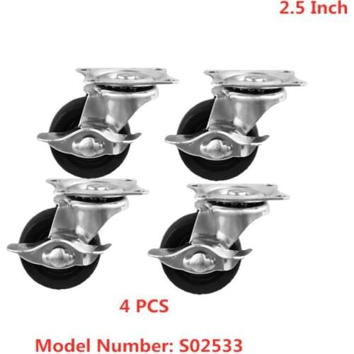 4 Pcs/Lot Casters 2.5-inch Black Rubber Universal Wheel With Brake Height Of 8cm, Flat Side Caster, Industrial
