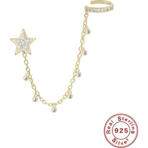 Aide 925 Sterling Silver Star Pendant Long Tassels Clip Earrings Asymmetric Ear Cuff Clip on Earring For Girl Christmas Gift