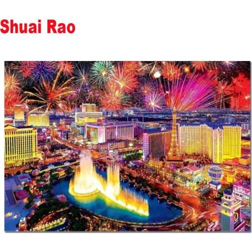 3d diamond embroidery round Diamond Painting Las Vegas fireworks night view cross stitch picture of rhinestones Needlework