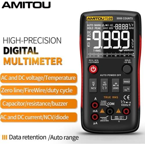 AMTIOU T109 Digital 9999 Count Professional Automatic Multimeter True RMS ACDC Vol Current Transistor Tester Electric Detector