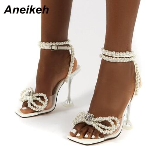 Aneikeh 2021 New Womens Shoes Spike Heels Open Party String Bead PVC Ankle Strap Buckle Fashion Polka Dot Butterfly-Knot White