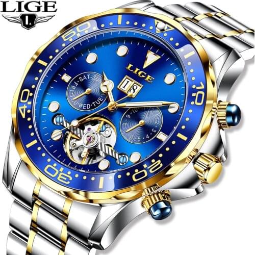 LIGE Business Watch Men Automatic Mechanical Tourbillon Watch Luxury Fashion Stainless Steel Sport Watches Men Relogio Masculino