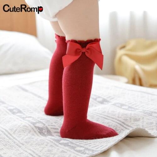 Christmas Red Girls Socks Big Bows Knee High Winter Baby Long Socks Kids Princess For Newborn Infant Cotton Sock