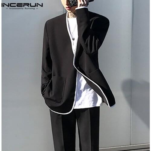 INCERUN Fashion Men Blazers Korean Style Long Sleeve Lapel Suit Man Patchwork Pockets Coats Casual Thin Button Blazer Plus Size