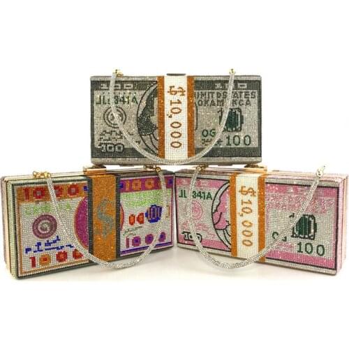 Money Clutch Rhinestone Purse 10000 Dollars Stack of Cash Evening Handbags Shoulder Bag