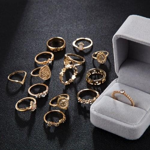 15Pcs/Set Assoeted Golden Religious Coin Cross Crystal Fatima Hand Boho Rings Set For Women