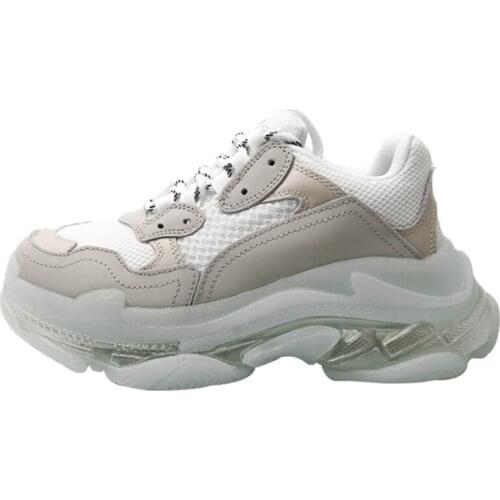 Transparent Air Sole Shoes Round Toe Sneakers Cross-tied Casual Women Sneakers Real Leather Mesh Daddy Shoes Flat Platform Shoes