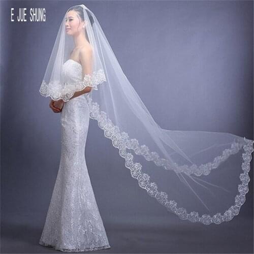 E JUE SHUNG New Long Bridal Veils One Layer Lace Edge Wedding Veil Veu De Noiva Wedding Accessories