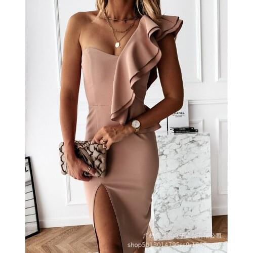 2021 womens new multi-layer lotus leaf one-shoulder slim dress