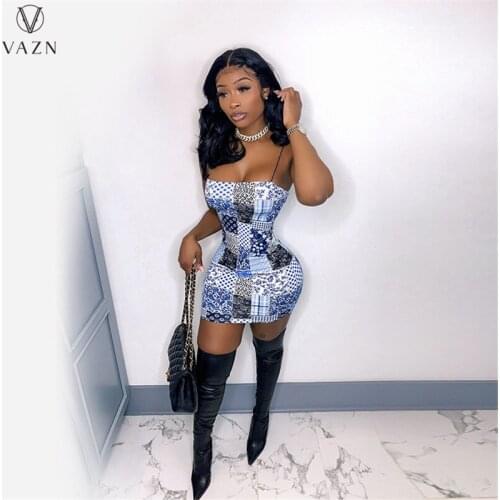 VAZN 2021 New Arrival Plus Size Sexy Daily Soft Spaghetti Strap Sleeveless Joker Little Chap Women High Waist Thin Mini Dress