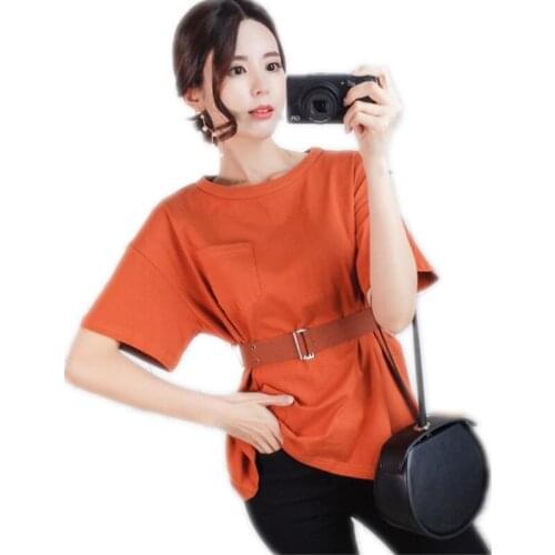 New Fashion Simple Casual Women T-Shirts With Belt 2018 Spring Summer Women O-Neck Medium-Long Tops Slim Pullovers T-Shirts Q234
