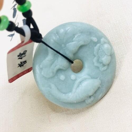 Zheru natural Hetian green jade carved lotus fish donut pendant with wooden beads necklace men and women sweater chain
