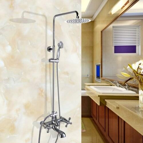 Polished Chrome Brass Wall Mounted 8" Rain Bathroom Rainfall Shower Faucet Set with Hand Spray Shower Head Tub Mixer Tap 2cy325