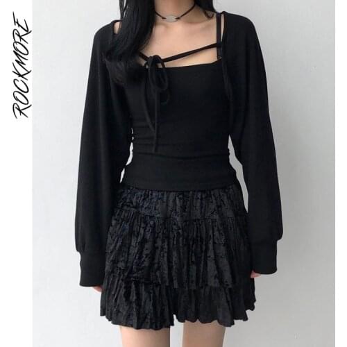 Rockmore Sexy Hollow Out T Shirt Tube Top Womens Harajuku Long Sleeve Smock Streetwear Women Tight Crop Tees 2 Piece Suit Korean
