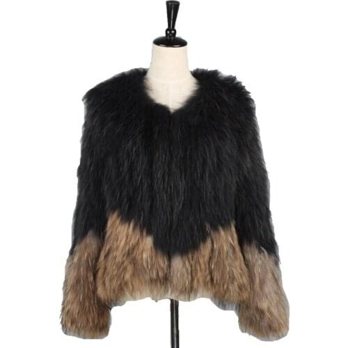 Luxury Lady Multi Real Knitted Raccoon Fur Coat Jacket Autumn Winter Women Fur Warm Outerwear Garment LF5017