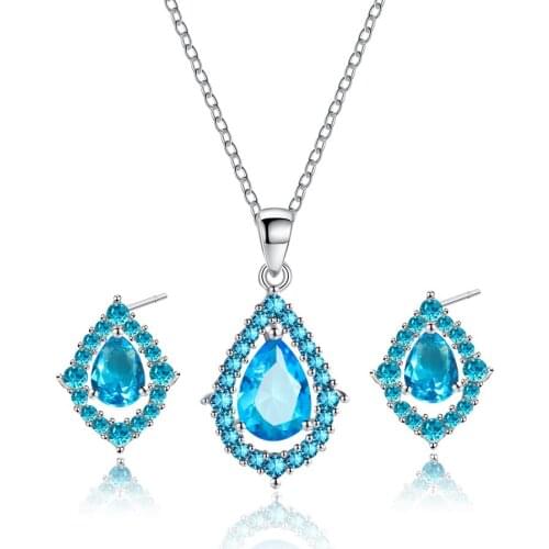 Luxury Female Water Drop Pendent Crystal Silver Wedding Necklace Earrings Sets For Women Necklace for Party