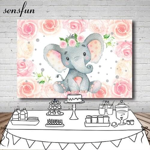 Sensfun Elephant Girls Baby Shower Backdrop Pink Rose Flowers Children 1st Birthday Party Photography Backgrounds