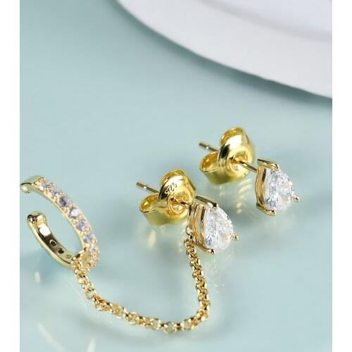 GEMS BEAUTY 14K Gold Filled Sterling Silver Long Chain Stud Earrings Simulant Diamond Gold Ear Cuff Minimalist Earrings