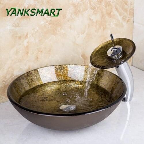 YANKSMART Beauty Round Tempered Glass Counter Top Bathroom Washbasin Sink Faucet Set Deck Mounted Cold & Hot Mixer Tap Kit
