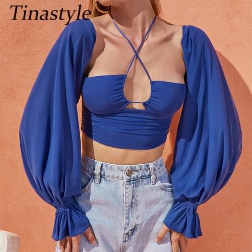 Tinastyle Puff Sleeve Hollow Out Sexy Summer T Shirt Women 2021 New Backless Short Crop Top Basic Casual Party Clubwear T-shirts