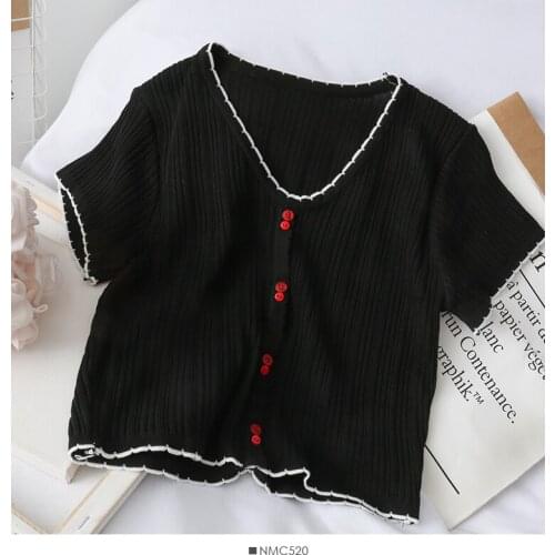 Women Loose Buttoned Up T-shirt 2021 Summer Tees V-Neck fashion Red Cotton Ladies Fashion Solid Short Sleeve T-shirt