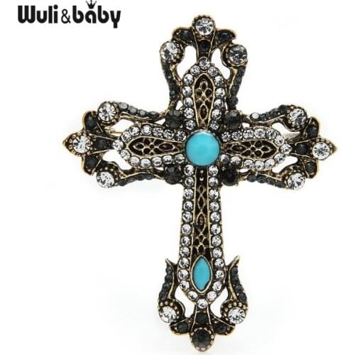 Wuli&baby Blue Rhinestone Cross Brooches Women Unisex 2-color Vintage Cross Office Casual Brooch Pins Gifts