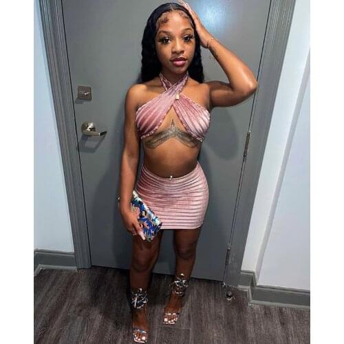 XLLAIS Velvet Pink Party Skirts Two Piece Sets Women Sexy Halter Off Shoulder Tank Tops High Waist Mini Outfits Good Quality