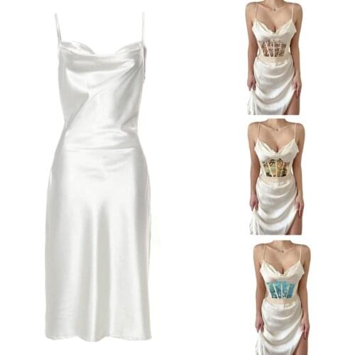 Women Retro Fish Boned Corset Wrap Girdle Angel Printed Waist Shaper Underbust Bustier Crop Top Satin Slip White Dress