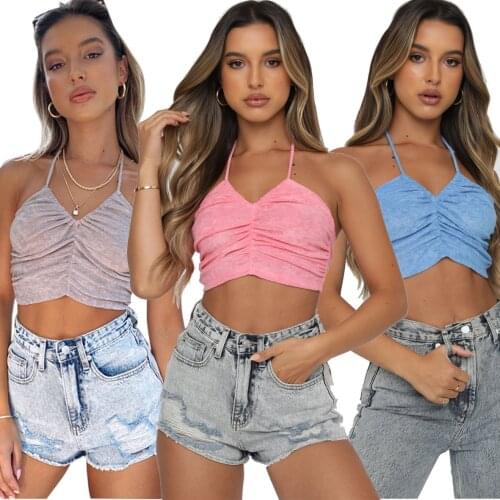 2021 European and American womens new summer leisure V-neck open back pleated bandage y2k top cute crop tops for teen girls