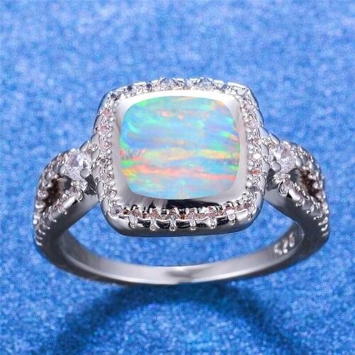 Cute Female Blue White Fire Opal Ring Boho Silver Color Finger Ring Promise Love Engagement Rings For Women