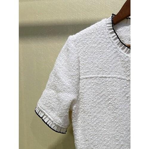 Women Dress 2021 Fall and Winter Lace Collar Single-breasted Tweed Short Sleeve White Dress