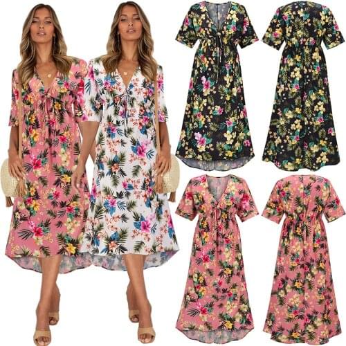 Spring Summer Womens Printed V-neck Summer Dress Bohemian Floral Skirt Fashion Elegant Casual Clothes Party Beach Dresses