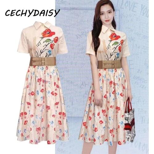 Runway Dress Women 2021 Short Sleeve Floral Printed Turn-Down Collar Designer Brand Elegant Beach Party Dresses Summer Clothing