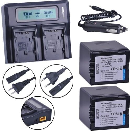 2Pcs 3000mAh CGA-DU21 CGA DU21 Battery and LCD Dual Fast Charger For Panasonic NV-GS330 GS400 GS408 GS500 GS508 MX500 PVGS90