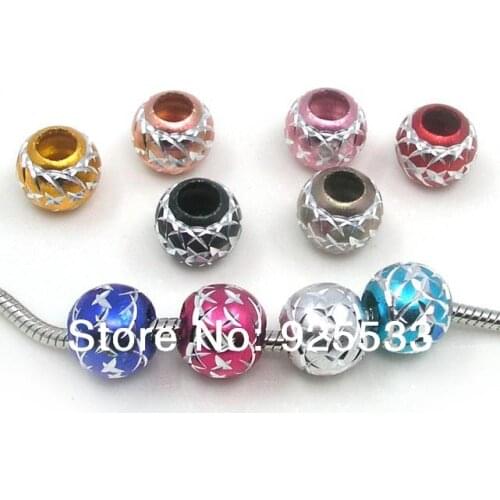 Free Shipping 9x14mm 200pcs aluminum Carved big hole loose beads fit European bracelet mix color