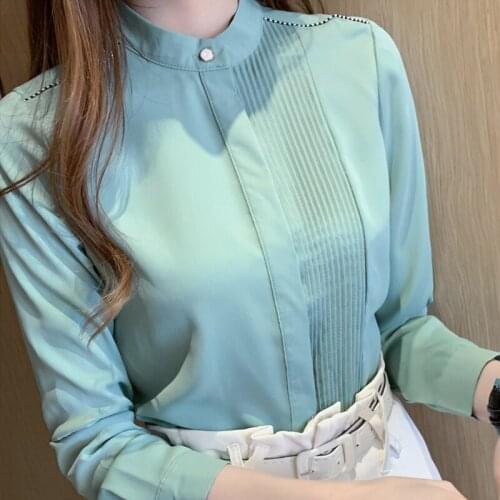 Blouse Women Blusas Mujer De Moda 2021 Blouses Femme Top Long Sleeve Stand Collar White Chiffon Blouse Shirt Tops Women E225