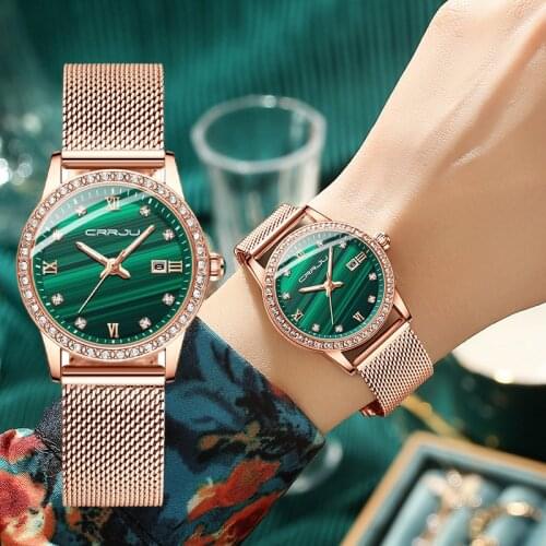 CRRJU New Women Fashion watches Top Brand Luxury Rose Green Business Wristwatch Casual Dress Waterproof Female Quartz Watches
