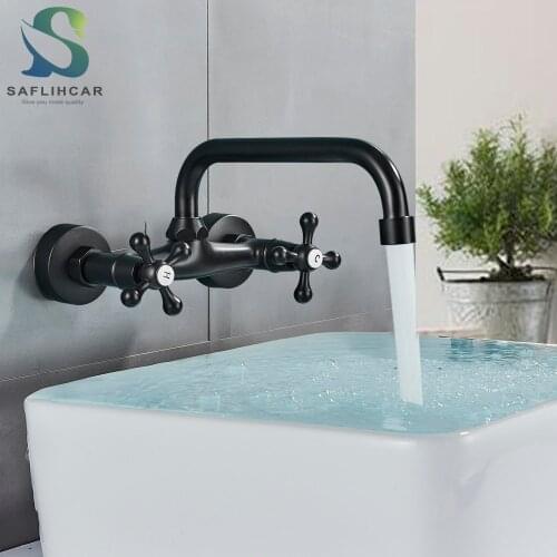 Black Bathroom Basin Faucet 360 Degree Rotating Spout Hot and Cold Faucet Two-handle Wall-mounted Bathroom and Kitchen Faucet