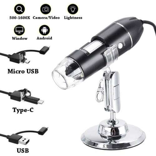 1600X 3 in 1 USB Adjustable Digital Microscope Type-C Electronic Microscope Camera For Solding 8 LED Zoom Magnifier Endoscope