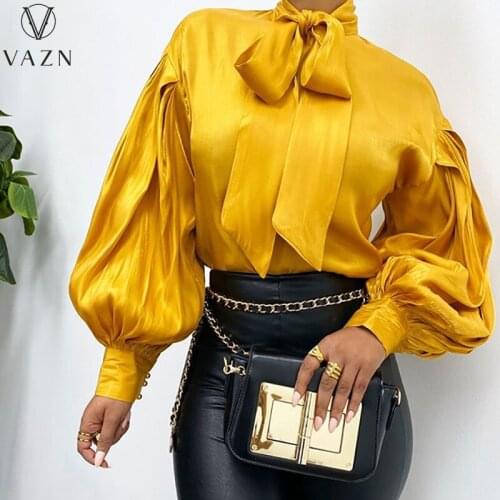 VAZN 2021 Autumn Elegant Joker Solid Simple Chiffon Shirts Young Overalls Daily Casual Bow Full Sleeve Women Slim Shirts