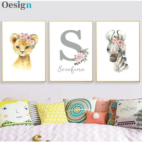 Personalized Initial Custom Name Poster Elephant Nursery Canvas Paintings Flower Wall Art Print Pictures Baby Girl Room Decor
