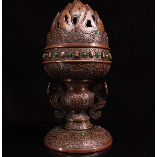 16"Chinese temple collection Old Bronze mosaic Gem Boshan incense burner Lotus pagoda Incense Ornaments Town House Exorcism