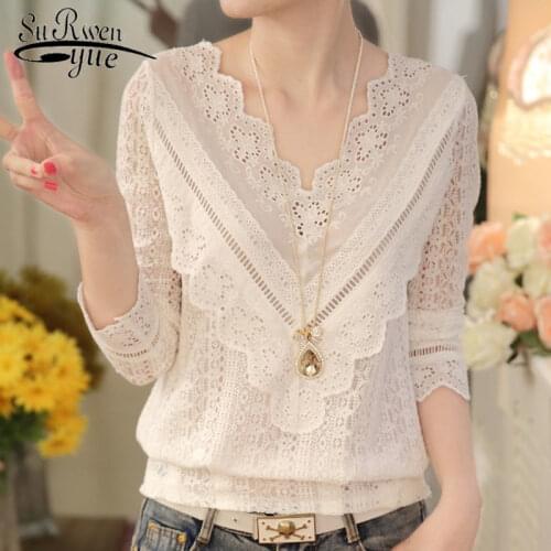 2021 Lace Shirt Long Sleeve Fashion Women Blouse Spring and Autumn Korean See-Through V Neck Slim Blouse with Lace Female 63C