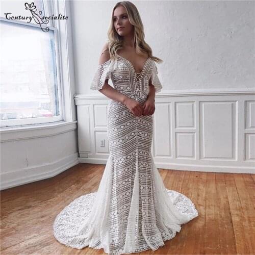 Lace Boho Wedding Dress Mermaid Beach Bride Dresses Spaghettti Straps Backless Bohemian Bridal Gowns Vestido De Novia