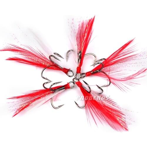 4pcs/lot Fish hook Red Fishing Hook with Feather Fishing Tackle High alloy steel Round Bent Triple Artificial Lure Fishhooks