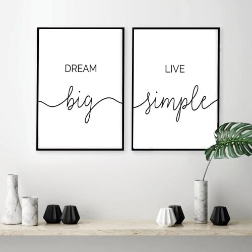 Minimalist Dream Big Live Simple Quote Canvas Paintings Black and White Bedroom Wall Art Prints Poster Pictures for Home Decor
