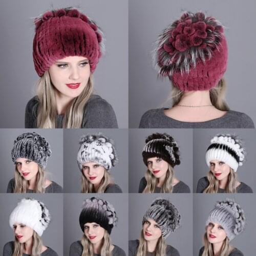 2020 New Fur Hats For Women Winter Real Rex Rabbit Hat Fox Fur Kniting Female Warm Snow Caps Ladies Elegant Princess Beanies Cap