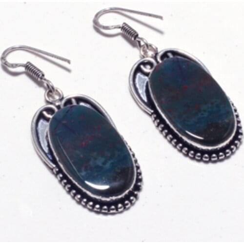Genuine BloodStone Silver Overlay on Copper Earrings ,Hand made Women Jewelry Gift , E5320